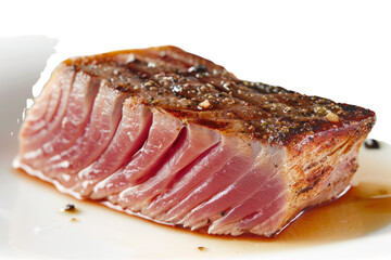 Perfectly grilled tuna steak isolated on white background.
