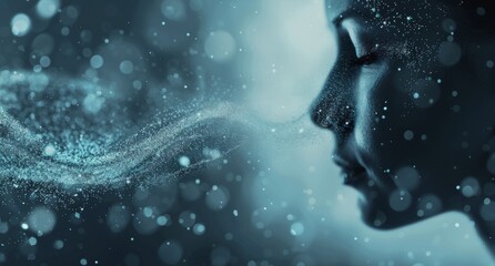 Woman Exhaling Blue Particles