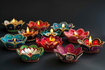 Group of decorated diyas on black background during Diwali, generative ai