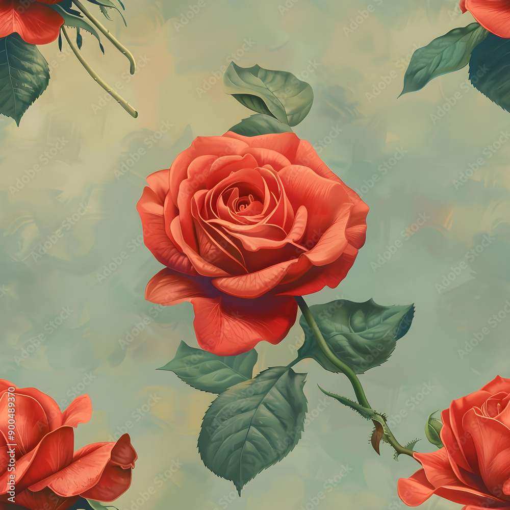 Poster red rose repeating pattern on green background