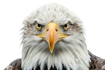 Obraz premium A majestic golden eagle soars through the clouds with its wings spread. Isolated on white background.