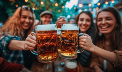 Friends laughing and clinking beer steins in celebration of Oktoberfest festival traditions.