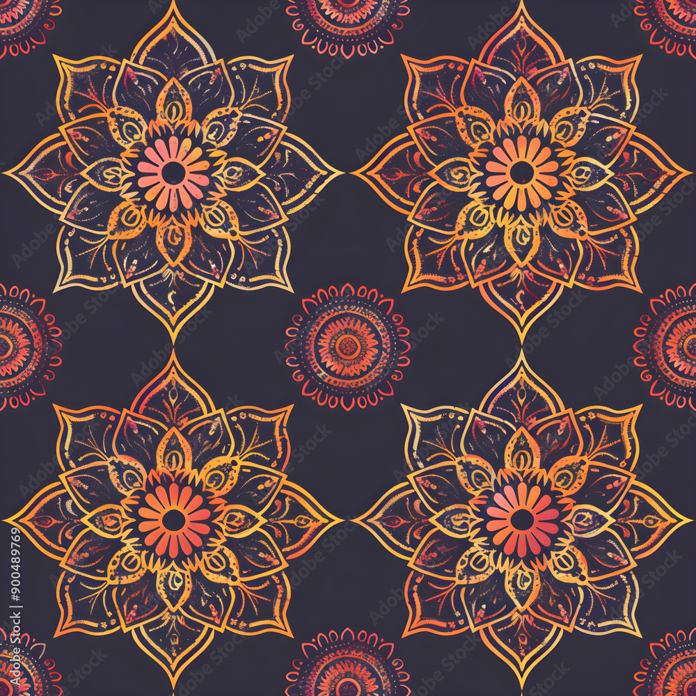 Poster seamless pattern with ornamental mandala forming flower-like shapes on dark background