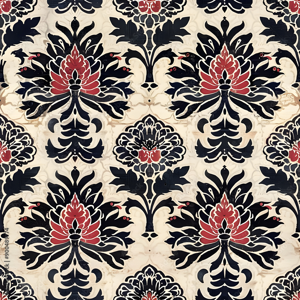 Poster damask pattern repeating floral ornament design featuring black and red motifs on off white backgrou