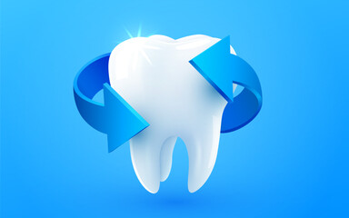 3d realistic vector healthy glowing tooth. Arrows around white tooth. Dental care, protection and whitening.