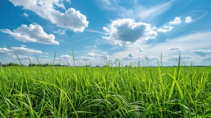 Fototapeta premium Green Grass Field Under a Blue Sky with White Clouds