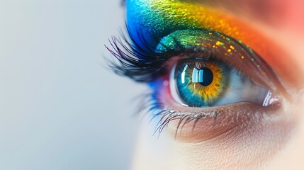 Close-up of a colorful rainbow woman eye isolated on panoramic white background with copy-space, colors vision, gay LGBTQ pride concept header and web banner. 