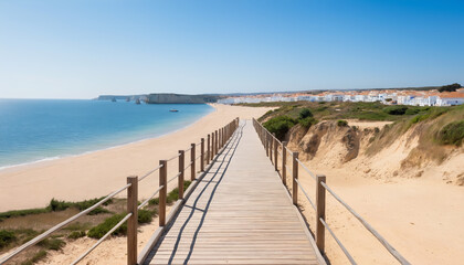 Obraz premium Discover the stunning beauty of a secluded white sand beach with crystal-clear turquoise waters, accessible via a picturesque wooden boardwalk under a bright blue sky.