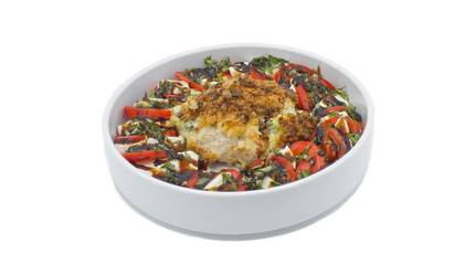 crispy spinach and artichoke stuffed tenderized and pounded chicken Rollatini rolled in french fried onions. served in the middle of a ring of tomato Caprese salad . isolated on white background