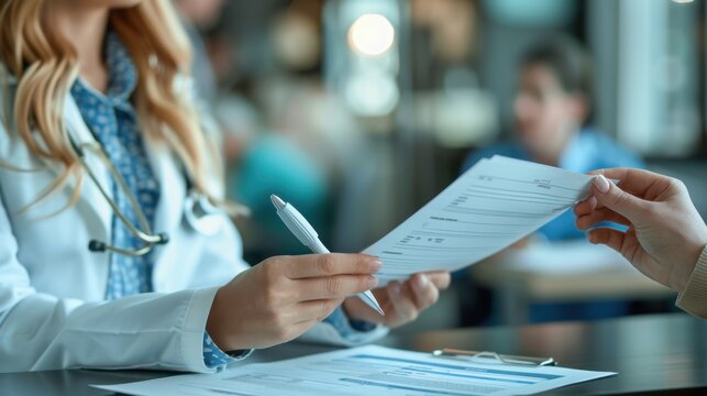 A medical professional hands over a document in a clinical setting, illustrating healthcare communication and patient interaction.
