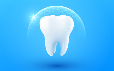 3d realistic vector healthy glowing tooth. Shield around white tooth. Dental care, protection and whitening.