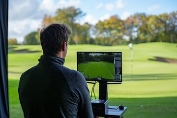 golfer looking at the screen of a golf club and checking his score
