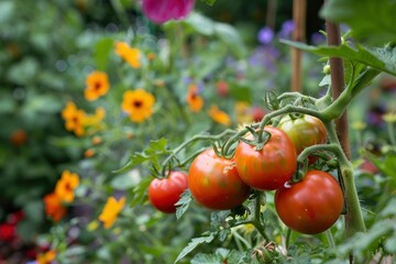 Home mixt garden tomatoes and flowers, generative ai