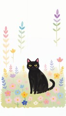A black cat sits surrounded by a vibrant, fantastical garden of colorful flowers. A blissful reverie where fairytales bloom in watercolor hues