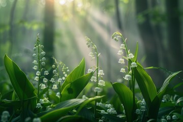Fototapeta premium Lily of the valley in the forest, generative ai