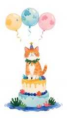 Fototapeta premium A cat sits before a colorful birthday cake with balloons, ready to celebrate. A blissful reverie where fairytales bloom in watercolor hues