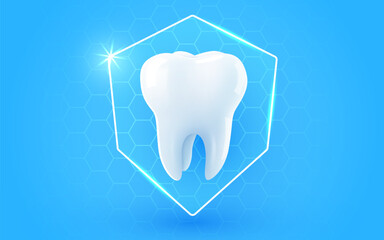 3d realistic vector healthy glowing tooth. Shield around white tooth. Dental care, protection and whitening.