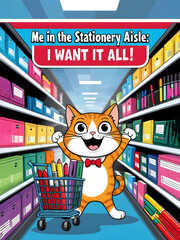 Back to school funny poster with cat Meme Quote: Me in the stationery aisle: I want it all!