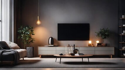 Interior of Stylish TV Room with Cozy Sofa, Plants, and Ambient Lighting