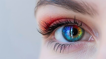 Obraz premium Close-up of a colorful rainbow woman eye isolated on panoramic white background with copy-space, colors vision, gay LGBTQ pride concept header and web banner. 