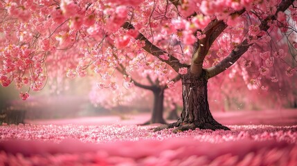 A cherry blossom tree in full bloom, its pink petals creating a soft and inviting background with plenty of open space.