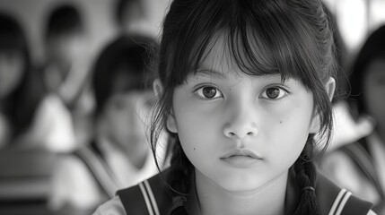 Portrait of little asian girl sitting in classroom in black and white
