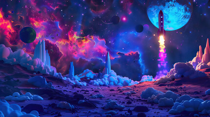 Obraz premium Vibrant neon colors Spaceship in the outer space with copy space.