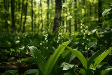 Fototapeta premium Lily of the valley in the forest, generative ai
