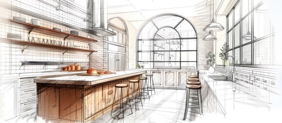 Hand Drawn Sketch of a Modern Kitchen Interior Design