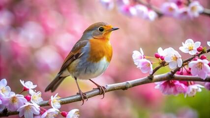 Robin Redbreast Perched on a Cherry Blossom Branch.
