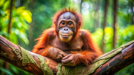 Fototapeta premium Smiling Orangutan Sitting on a Tree Branch in the Rainforest.