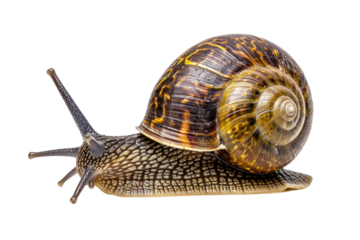 Helix aspersa snail, also known as common garden snail, isolated on white background.