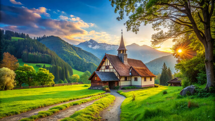 Fototapeta premium Picturesque Church in Mountain Valley at Sunset.