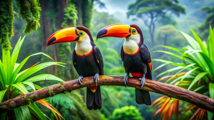 Obraz premium Two Toucans Perched on Branch in Lush Rainforest.