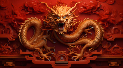 Fototapeta premium Golden Chinese Dragon Statue in Traditional Temple