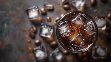 A cold brew coffee with ice cubes, leaving plenty of space for copy.