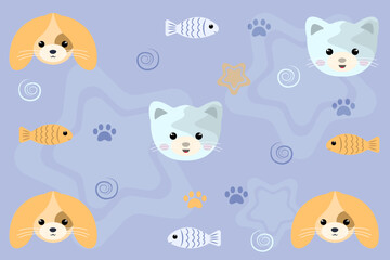 cute background of cat, dog and fish heads