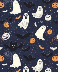 Seamless Halloween pattern with ghosts, pumpkins, bats and stars on blue background.