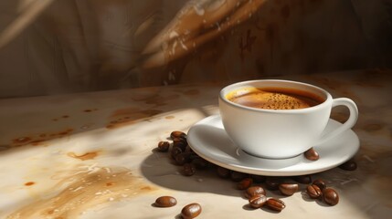 A cup of espresso with coffee beans around, leaving ample room for text