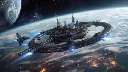 Illustration of a space station satellite in a fictional world orbiting beyond Earth.