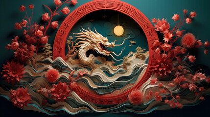 Golden Chinese Dragon Sculpture in Temple with Traditional Art and Oriental Design