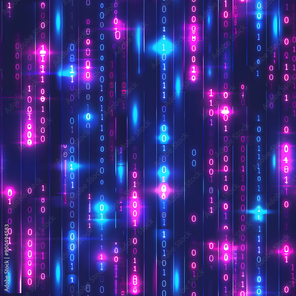 Poster digital rain of binary code flowing down on dark blue background