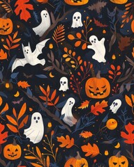 Seamless Halloween pattern with pumpkins, ghosts, bats, and autumn leaves.