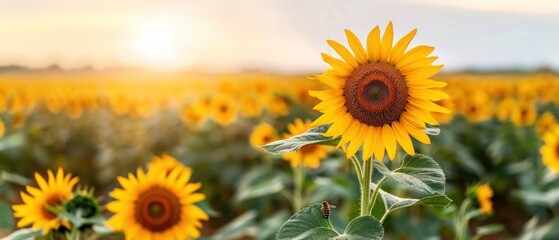 Fototapeta premium A beautiful sunflower field at sunset, showcasing vibrant yellow blooms basking in the warm sunlight.