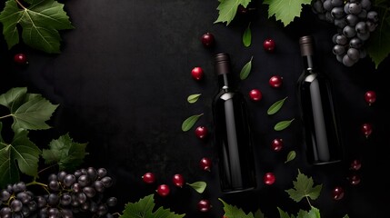 Elegant Wine Bottles with Grapes and Leaves on Dark Background