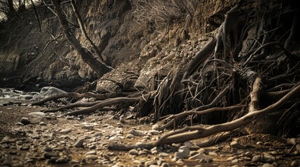 Fototapeta premium A dry riverbank with exposed roots, providing ample space for copy.
