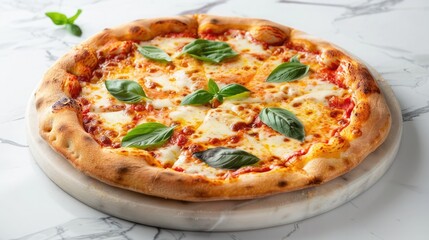 A freshly baked pizza on a marble countertop, providing plenty of empty space for copy.