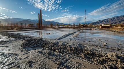 Fototapeta premium Construction site with wet concrete and gravel under a clear blue sky, showcasing foundations ready for building.