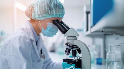 Scientist wearing protective gear and mask using a microscope in a modern laboratory for research and analysis.