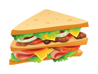 Club sandwich with ham, lettuce, tomato, and cheese. Vector cartoon illustration